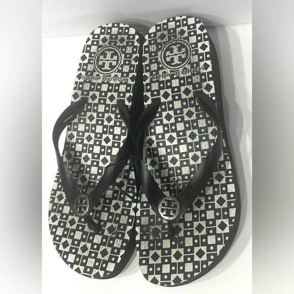 Tory Burch Womens Reva Rubber Flip Flops Black & Gray Logo Womens Wedges - Picture 4 of 11